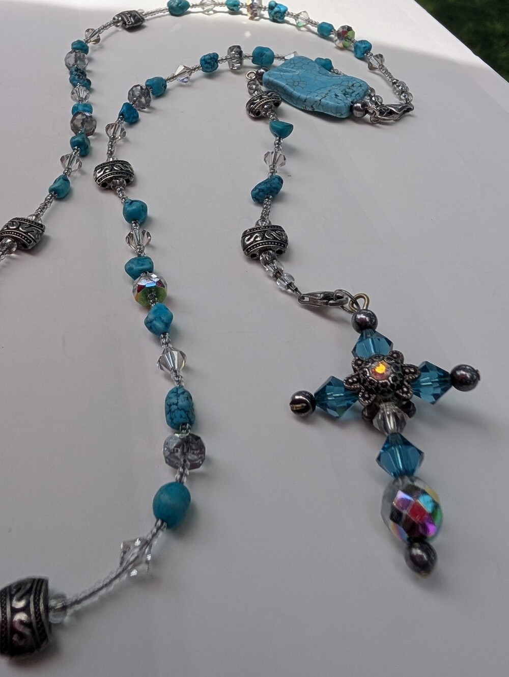 Vintage Rosary Necklace Turquoise & Crystal Handmade 925 - Picture 3 of 13